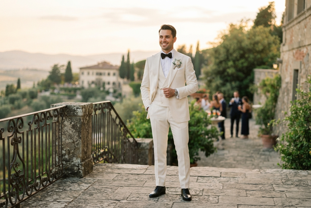 Groom in an ivory wedding suit on a sunlit stone terrace